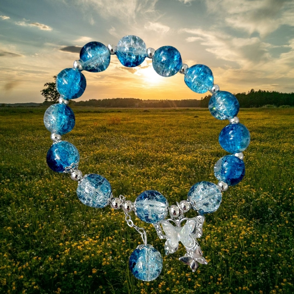 Blue Beaded Stretch Bracelet with Butterfly Charm